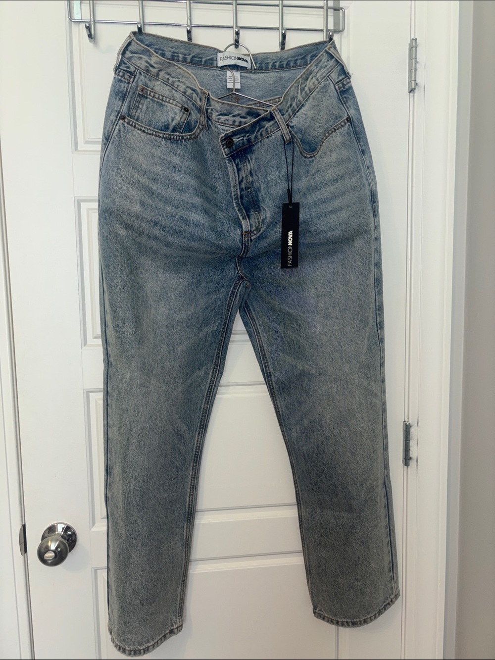 Fashion Nova Light Blue Vintage Wash Jeans with Crossover Waist Detail